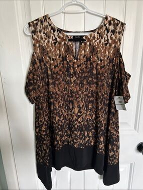 Rafaella Brown Leopard Cold-Shoulder Blouse with Black Hem